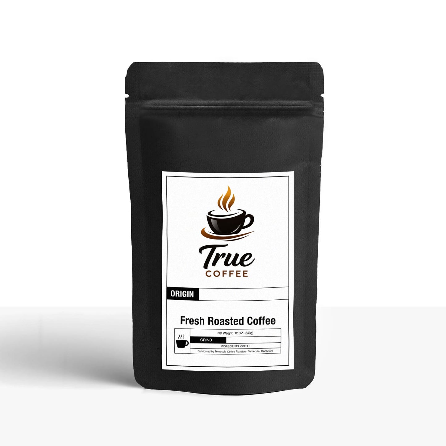 House blend coffee in a black packaging bag labeled True Coffee, Fresh Roasted Coffee.