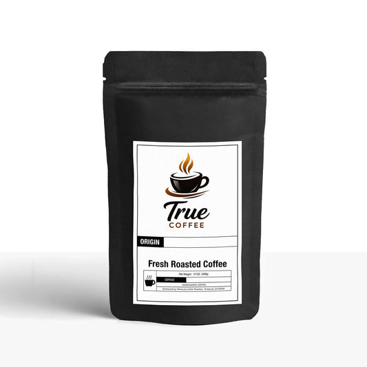 African coffee blend packaging featuring True Coffee Fresh Roasted Coffee with rich flavors.
